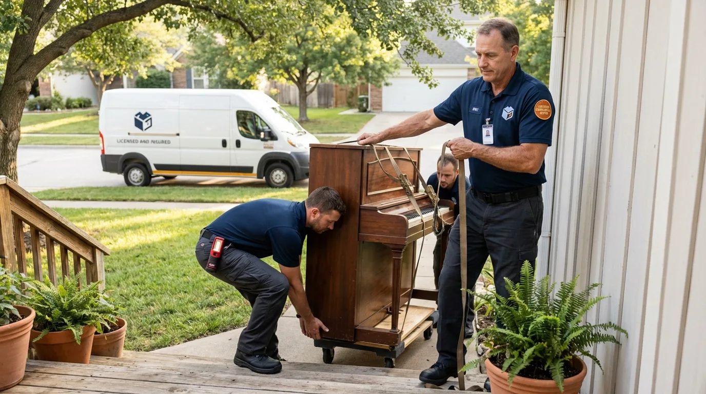 Licensed piano movers securing grand piano in Durham, CT