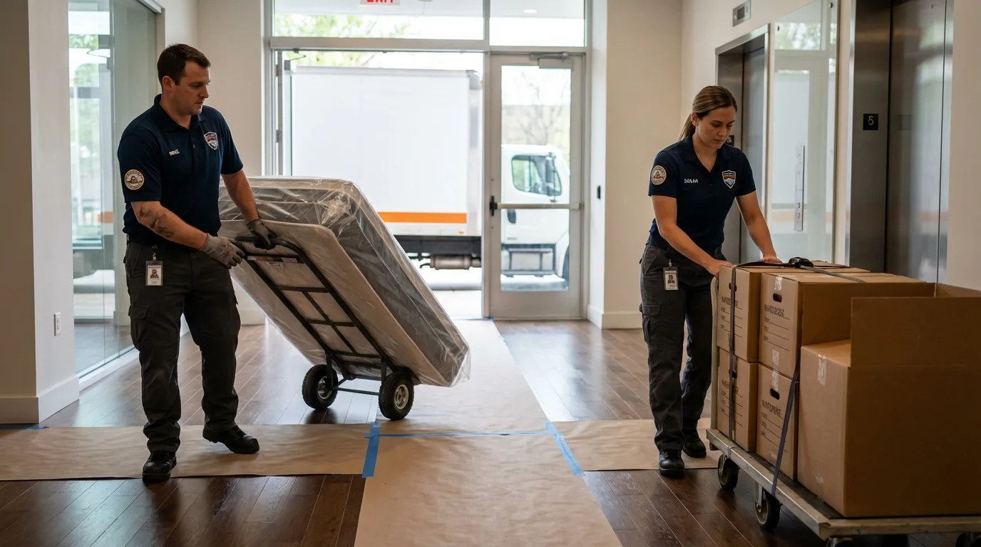Professional apartment movers loading elevator in Durham, CT